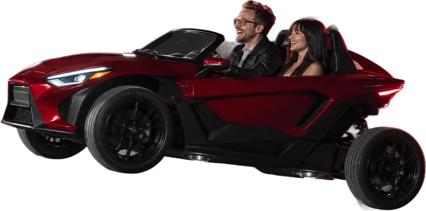 A red two-seat supercar from a Tesla AI Video render, landing after the ramp flip